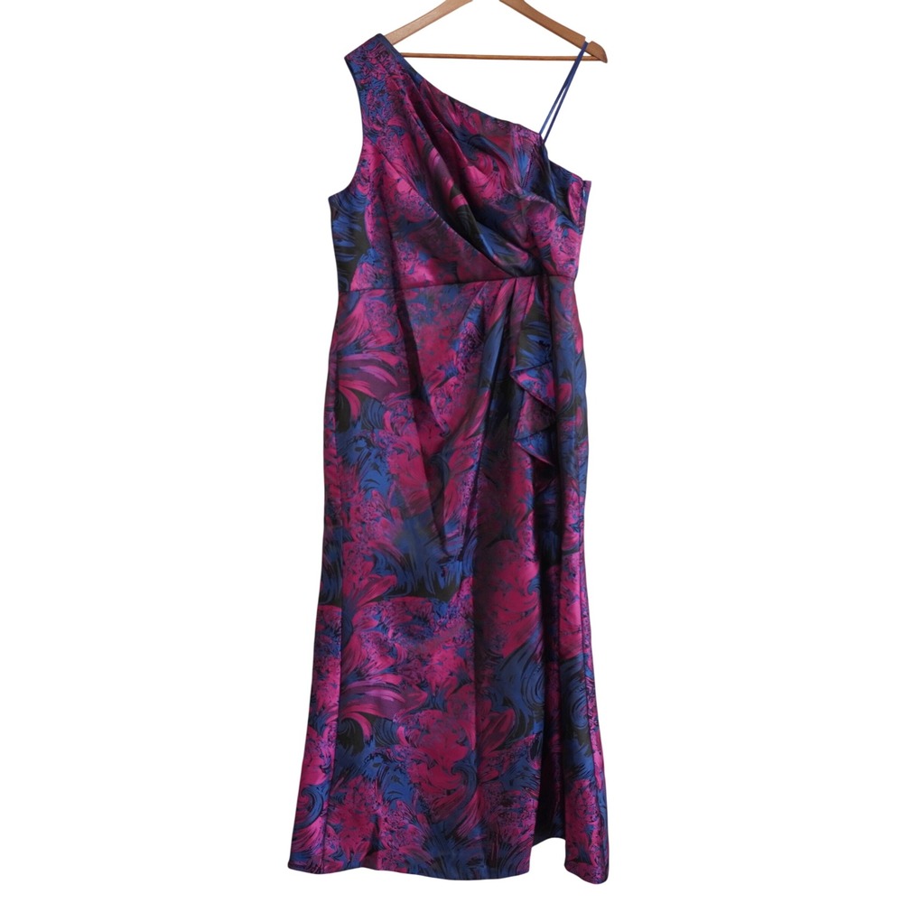 Adrianna Papell Size 20 Blue Pink Brocade Floral Formal Dress One Shoulder